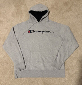 Champion Mens Hoodie Sweatshirt Gray w Logo Athletic Sporty, Sz L